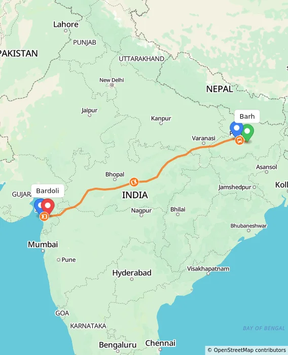 Route map showing distance and travel time from Barh, India to Bardoli, India