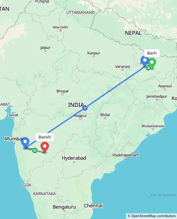 Route map showing distance and travel time from Barh, India to Barshi, India