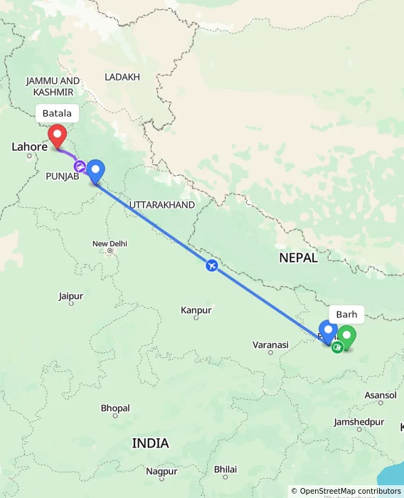 Route map showing distance and travel time from Barh, India to Batala, India