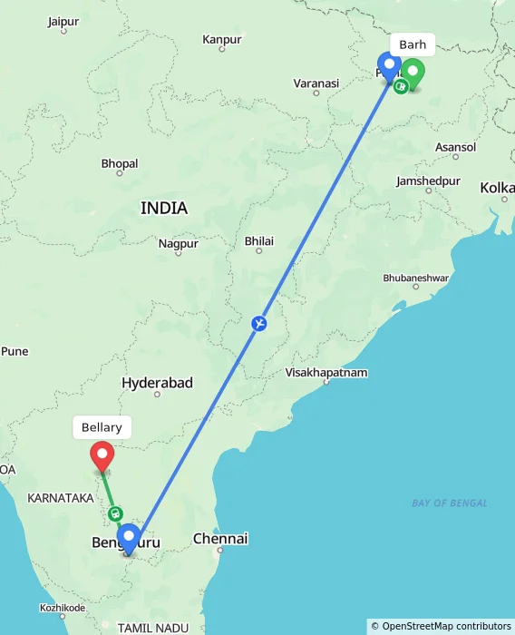 Route map showing distance and travel time from Barh, India to Bellary, India