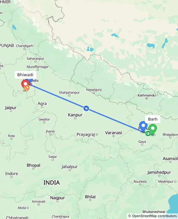 Route map showing distance and travel time from Barh, India to Bhiwadi, India