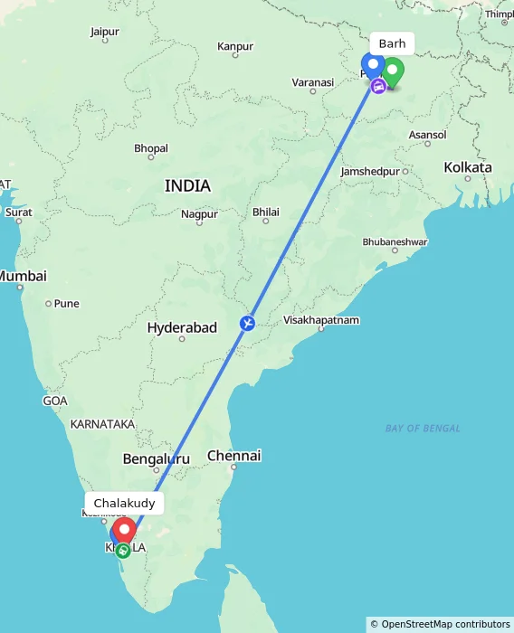 Route map showing distance and travel time from Barh, India to Chalakudy, India