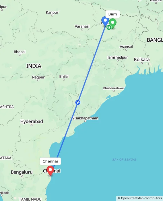 Route map showing distance and travel time from Barh, India to Chennai, India
