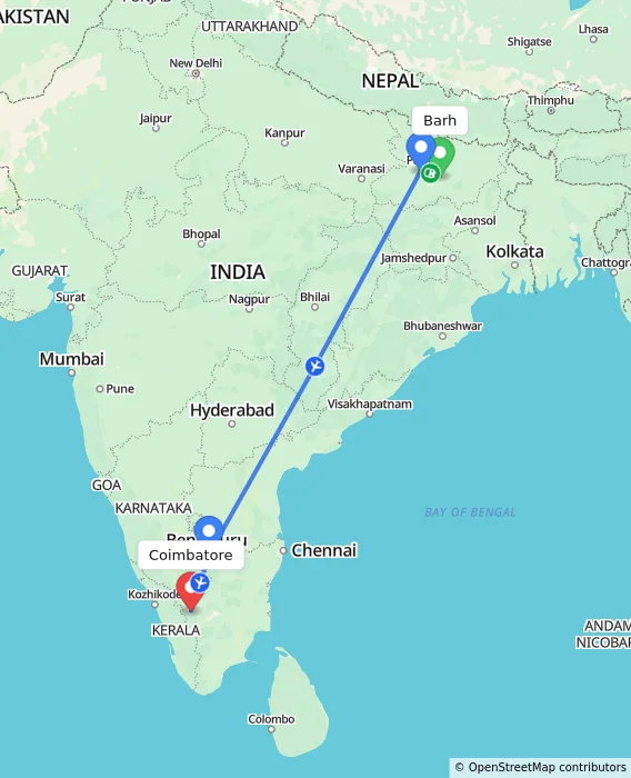 Route map showing distance and travel time from Barh, India to Coimbatore, India