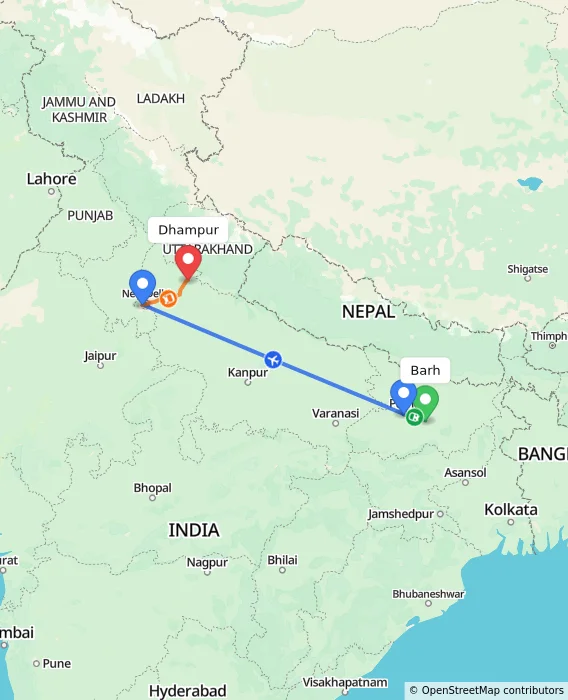 Route map showing distance and travel time from Barh, India to Dhampur, India