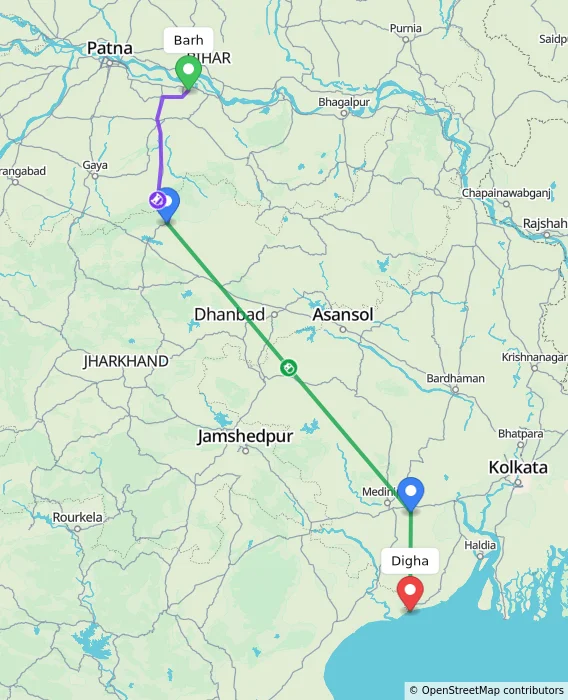 Route map showing distance and travel time from Barh, India to Digha, India