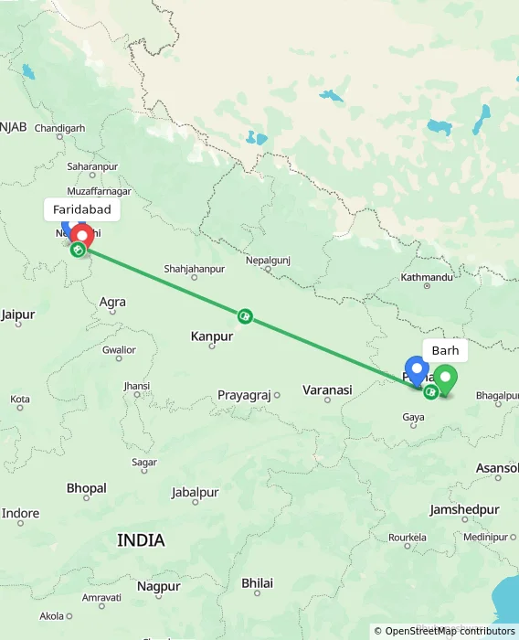 Route map showing distance and travel time from Barh, India to Faridabad, India