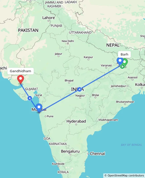 Route map showing distance and travel time from Barh, India to Gandhidham, India