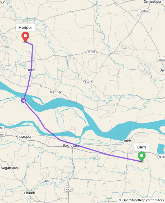 Route map showing distance and travel time from Barh, India to Hajipur, India