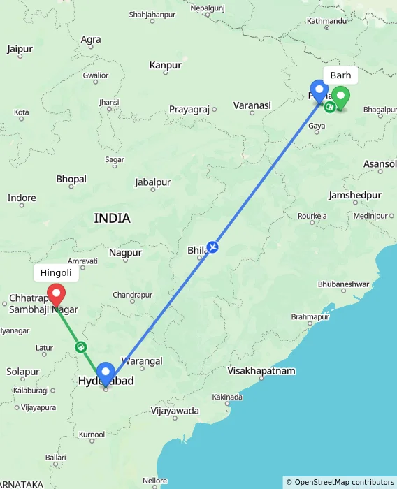 Route map showing distance and travel time from Barh, India to Hingoli, India