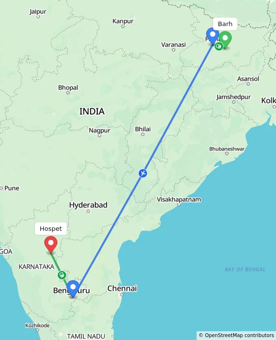 Route map showing distance and travel time from Barh, India to Hospet, India