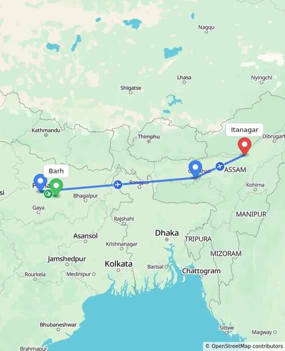 Route map showing distance and travel time from Barh, India to Itanagar, India