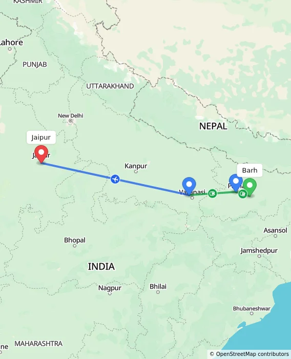 Route map showing distance and travel time from Barh, India to Jaipur, India