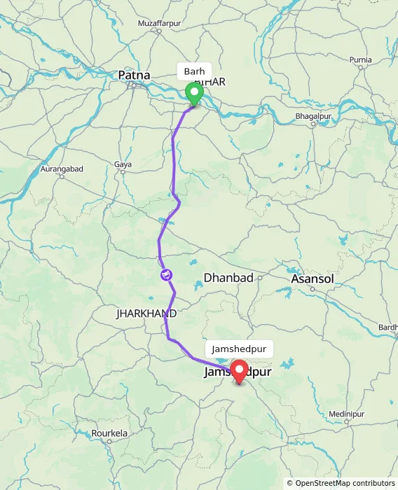 Route map showing distance and travel time from Barh, India to Jamshedpur, India