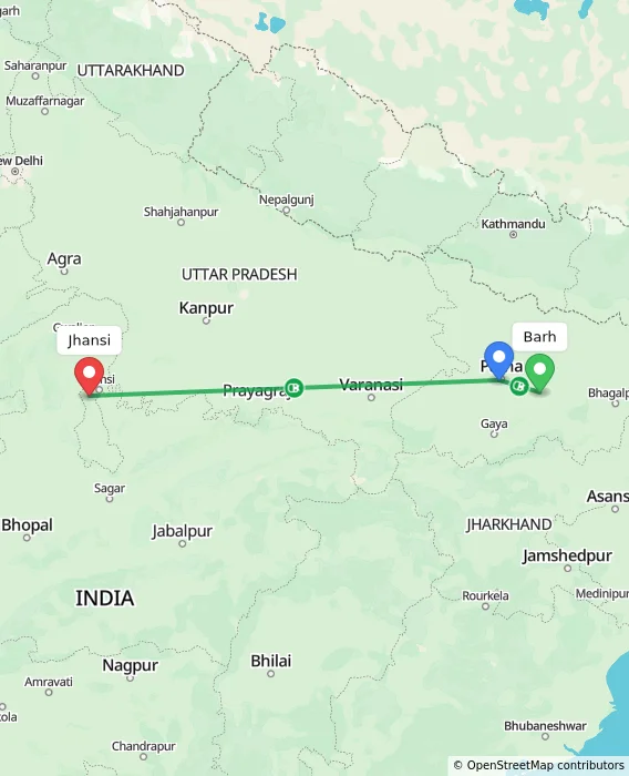 Route map showing distance and travel time from Barh, India to Jhansi, India