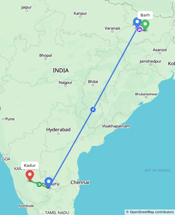 Route map showing distance and travel time from Barh, India to Kadur, India