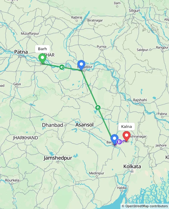 Route map showing distance and travel time from Barh, India to Kalna, India