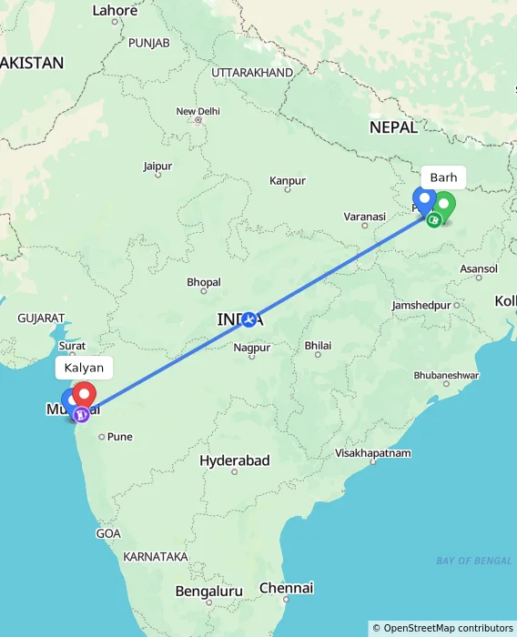 Route map showing distance and travel time from Barh, India to Kalyan, India