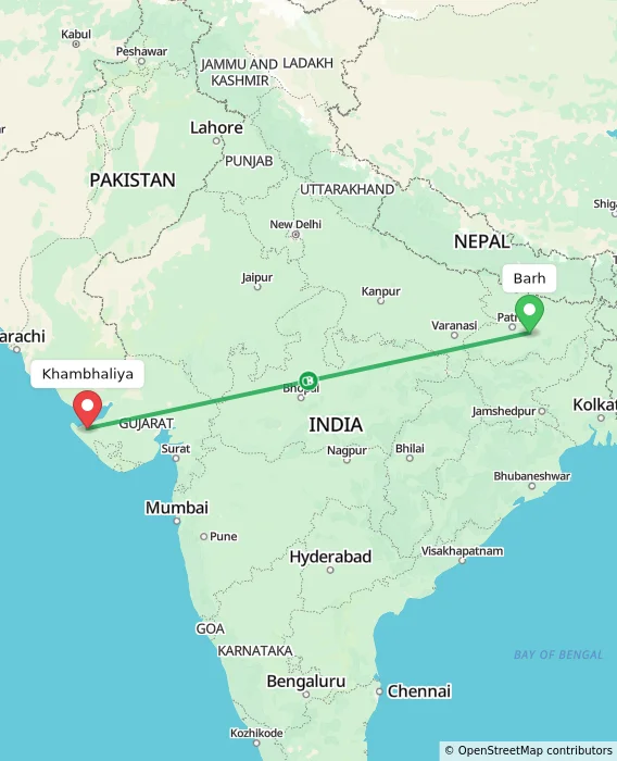 Route map showing distance and travel time from Barh, India to Khambhaliya, India