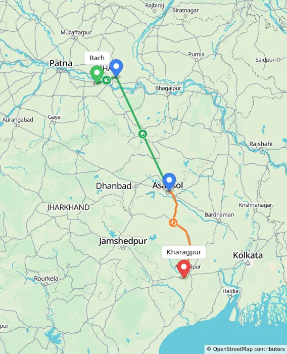 Route map showing distance and travel time from Barh, India to Kharagpur, India