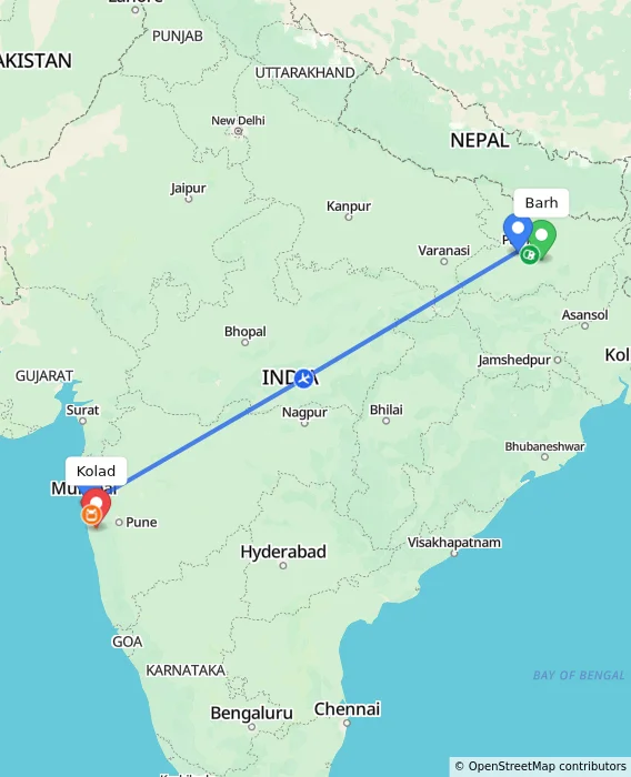 Route map showing distance and travel time from Barh, India to Kolad, India