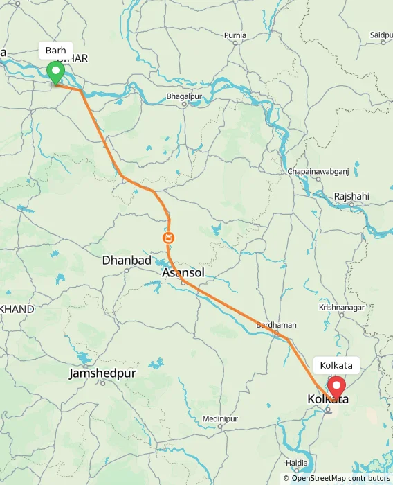 Route map showing distance and travel time from Barh, India to Kolkata, India