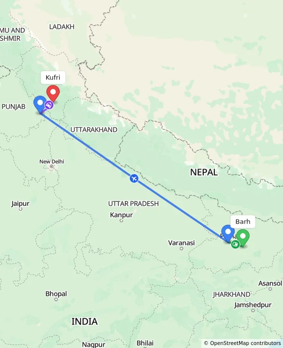 Route map showing distance and travel time from Barh, India to Kufri, India