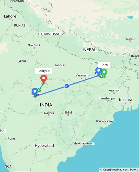 Route map showing distance and travel time from Barh, India to Lalitpur, India