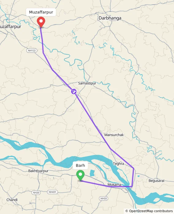 Route map showing distance and travel time from Barh, India to Muzaffarpur, India