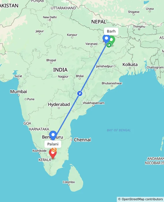 Route map showing distance and travel time from Barh, India to Palani, India