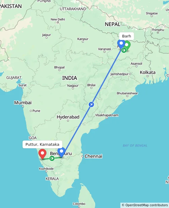 Route map showing distance and travel time from Barh, India to Puttur, Karnataka, India