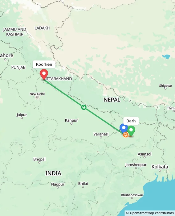 Route map showing distance and travel time from Barh, India to Roorkee, India
