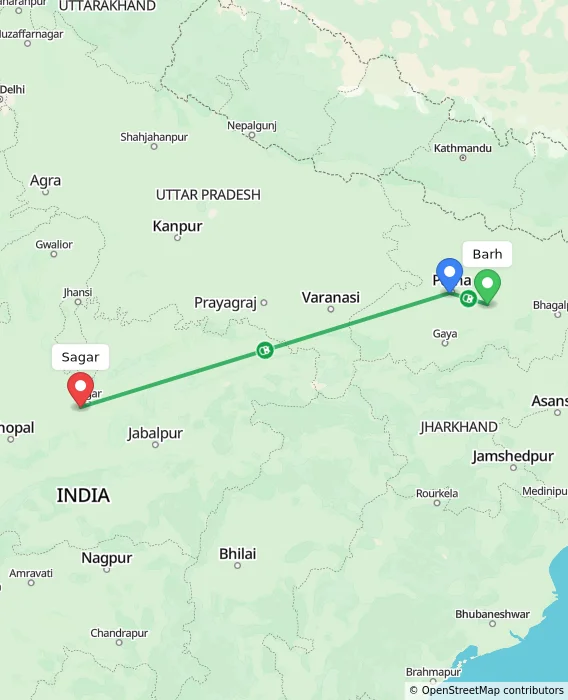 Route map showing distance and travel time from Barh, India to Sagar, India