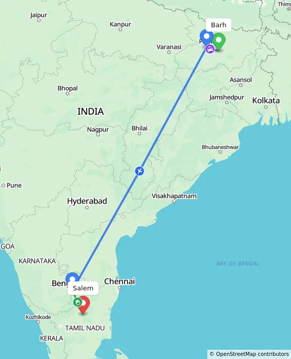 Route map showing distance and travel time from Barh, India to Salem, India