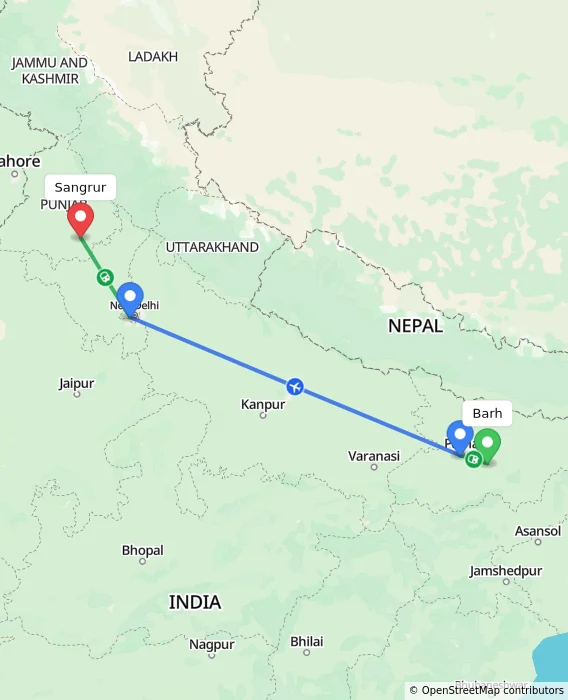 Route map showing distance and travel time from Barh, India to Sangrur, India