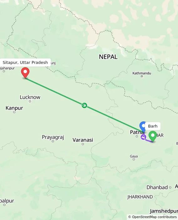 Route map showing distance and travel time from Barh, India to Sitapur, Uttar Pradesh, India