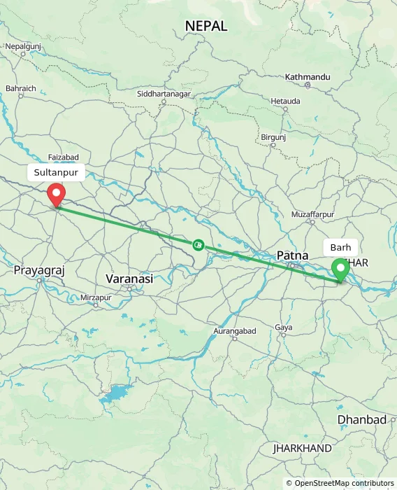 Route map showing distance and travel time from Barh, India to Sultanpur, India