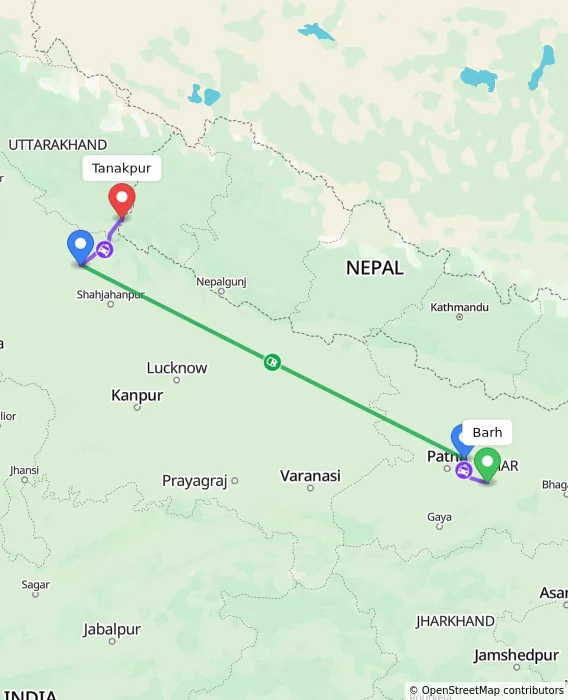 Route map showing distance and travel time from Barh, India to Tanakpur, India