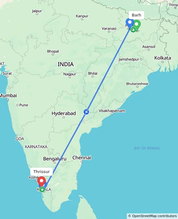 Route map showing distance and travel time from Barh, India to Thrissur, India