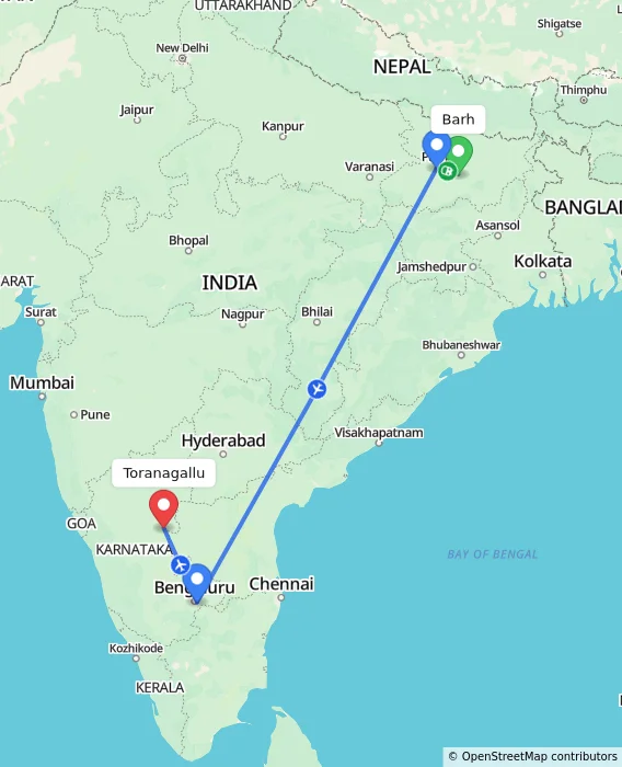 Route map showing distance and travel time from Barh, India to Toranagallu, India
