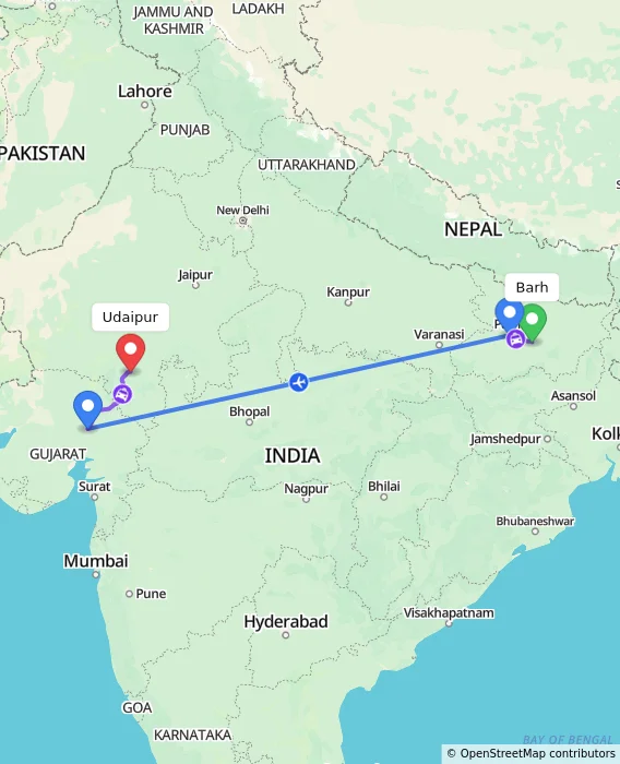 Route map showing distance and travel time from Barh, India to Udaipur, India