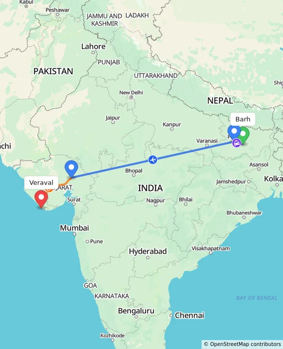 Route map showing distance and travel time from Barh, India to Veraval, India
