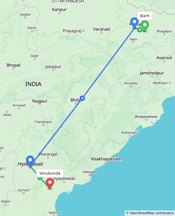 Route map showing distance and travel time from Barh, India to Vinukonda, India