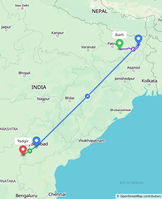 Route map showing distance and travel time from Barh, India to Yadgir, India
