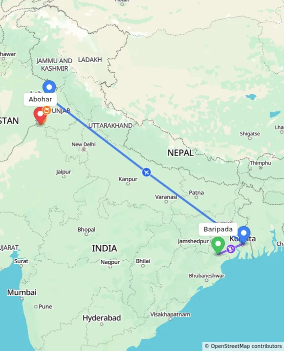 Route map showing distance and travel time from Baripada, India to Abohar, India