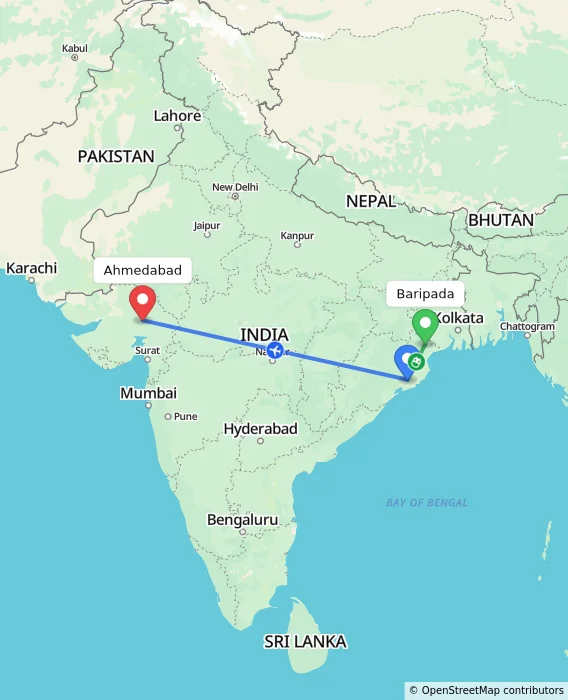 Route map showing distance and travel time from Baripada, India to Ahmedabad, India