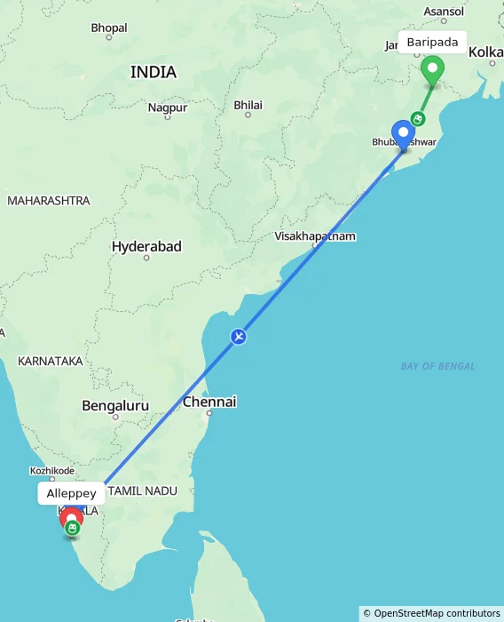 Route map showing distance and travel time from Baripada, India to Alappuzha, India