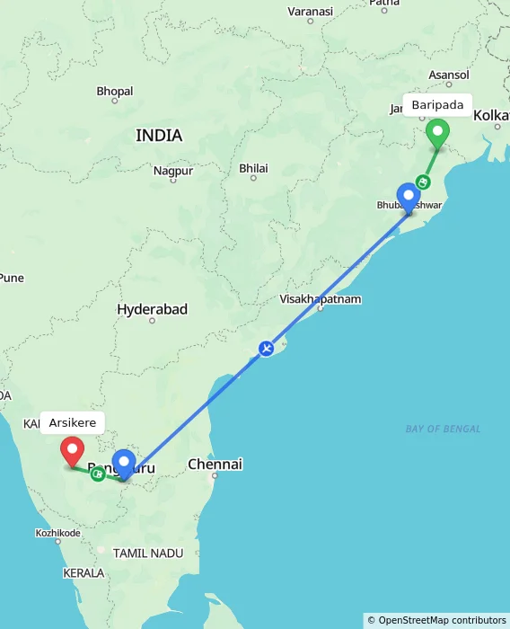 Route map showing distance and travel time from Baripada, India to Arsikere, India