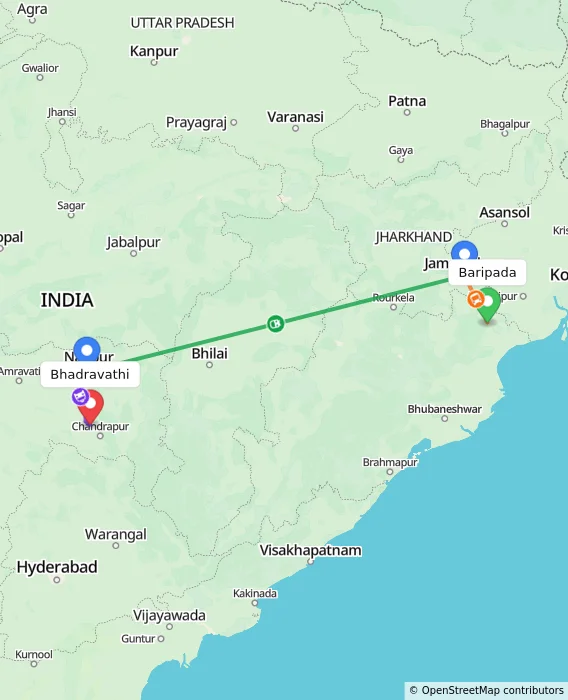 Route map showing distance and travel time from Baripada, India to Bhadravathi, India