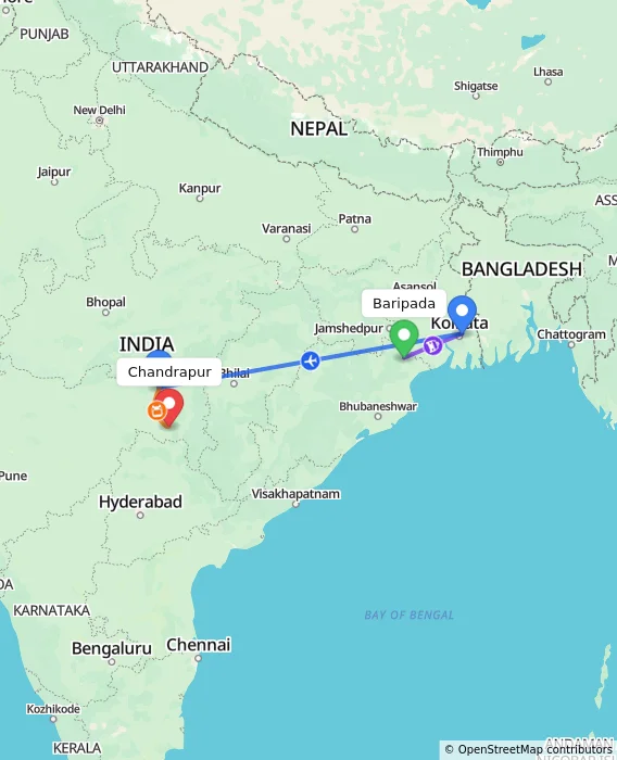 Route map showing distance and travel time from Baripada, India to Chandrapur, India